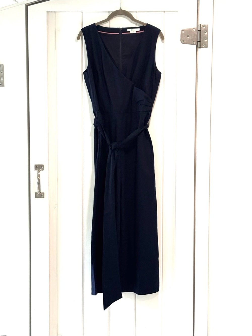 Boden Sleeveless Navy Linen Wide Leg Jumpsuit with Waist Tie